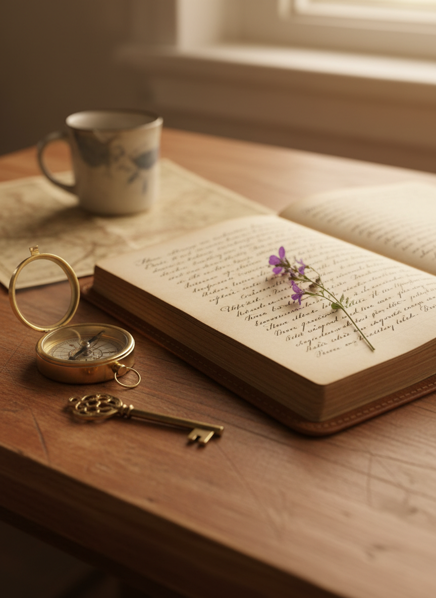 A weathered leather travel journal lies open on a sunlit wooden table, its cream pages filled with looping, half-finished handwritten lines and a single pressed wildflower. Beside it rests a brass compass and a vintage key, both catching glints of soft afternoon light from a nearby window. In the background, out of focus, sits a ceramic mug and a folded map, hinting at journeys yet to come. Photographic realism with a warm, golden hour glow, shallow depth of field, and a calm, contemplative mood, shot at a gentle three-quarter angle for an intimate, reflective composition.